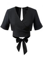 Oasap Women's Casual V Neck Short Sleeve Back Bowknot Crop Top