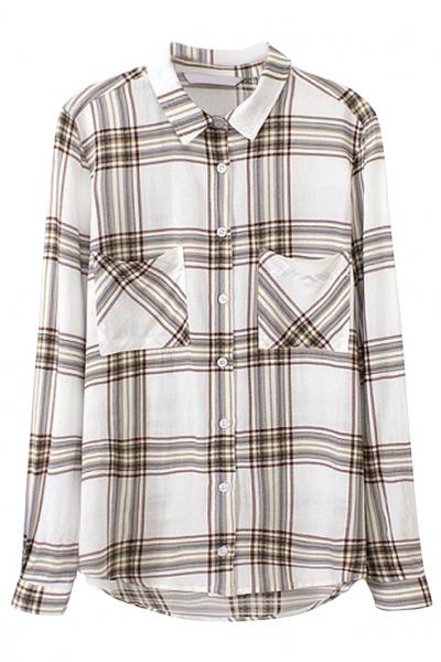 Oasap Classic Tartan Plaid Beige Blouse