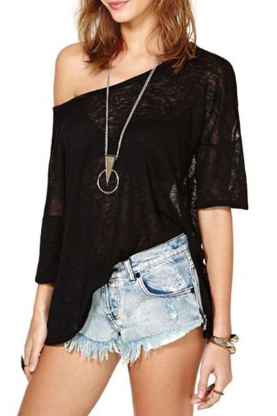 Oasap Chic V Back Side Slit Tee