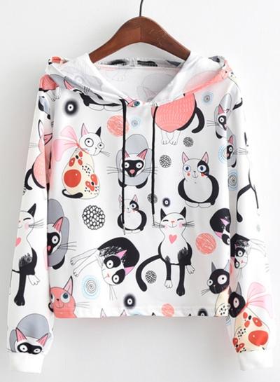 Oasap Long Sleeve Cats Printed Hoodie