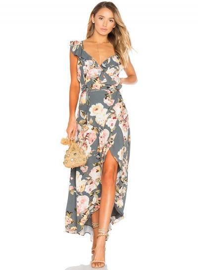 Oasap Floral Print V Neck Flounce Dress
