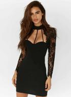 Oasap Solid Color Long Sleeve Lace Mini Bodycon Dress