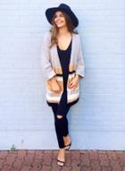 Oasap Long Sleeve Open Front Loose Fit Color Block Cardigan