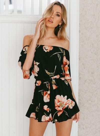Oasap Off Shoulder Short Sleeve Floral Loose Romper