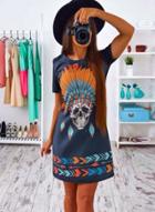 Oasap Fashion Short Sleeve Skull Printed Mini Dress