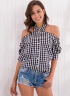Oasap Halter Off Shoulder Short Sleeve Plaid Button Down Shirt
