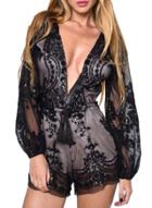 Oasap Women's Stylish Deep V Sequin Lantern Sleeve Romper
