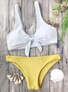 Oasap Deep V Neck Color Block Two Piece Bikini Swimwear