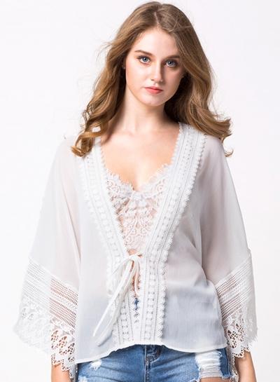 Oasap Lace Splicing Dolman Sleeve Chiffon Blouses