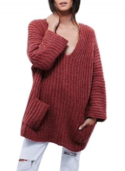 Oasap Women's V Neck Knitted Pullover Sweater With Pockets