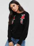 Oasap Rose Embroidered Long Sleeve Pullover Sweatshirt