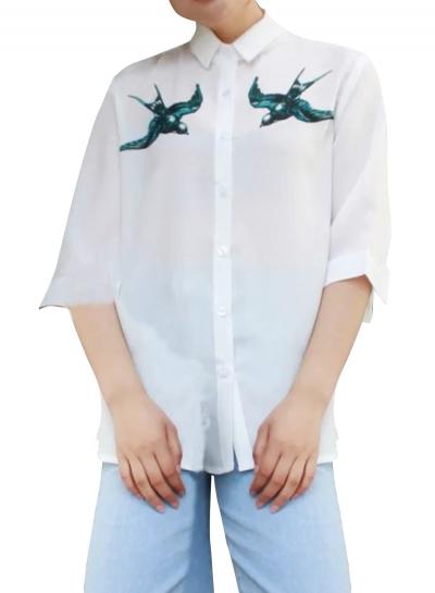 Oasap Women's Turn Down Collar Flying Birds Print Button Down Shirt