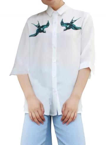 Oasap Women's Turn Down Collar Flying Birds Print Button Down Shirt