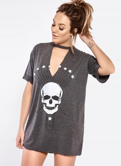Oasap Halloween V Neck Short Sleeve Skull Tee Dress
