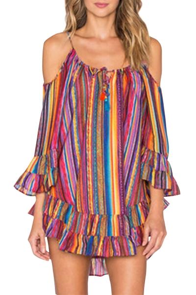Oasap Women's Spaghetti Cold Shoulder Color Block Dress