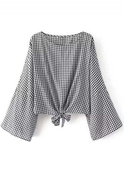 Oasap Plaid Long Sleeve Lace Up Blouses