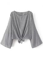 Oasap Plaid Long Sleeve Lace Up Blouses