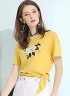 Oasap Short Sleeve Floral Embroidery Irregular Tee