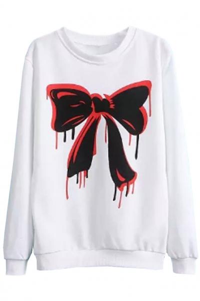 Oasap Sweet Bowknot Pattern White Sweatshirt