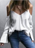 Oasap V Neck Off Shoulder Long Sleeve Back Slit Blouse