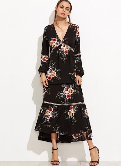 Oasap Deep V Neck Long Sleeve Maxi Dresses