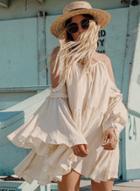 Oasap Summer Loose Solid Flounce Sleeve V Neck Off The Shoulder Mini Dress