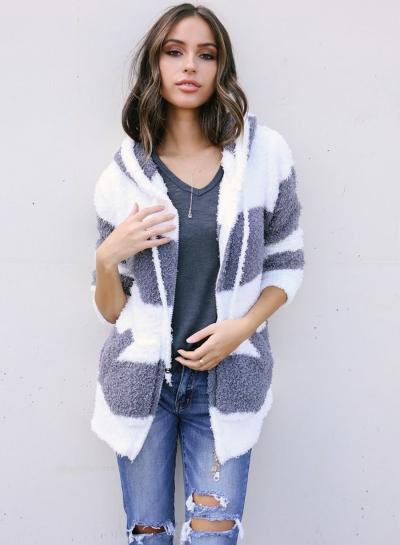 Oasap Hooded Long Sleeve Striped Lamb Wool Coat