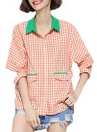 Oasap Women's Short Sleeve Button Down Plaid Casual Shirts