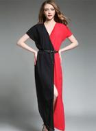 Oasap Contrast V Neck Short Sleeve Slit Maxi Evening Dress With Belt