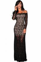 Oasap Black Lace Nude Illusion Off-shoulder Evening Dress