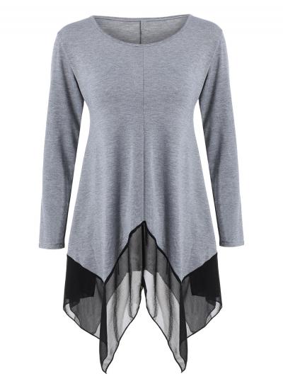 Oasap Round Neck Long Sleeve Chiffon Panel Tee Shirt