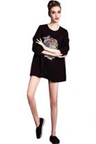 Oasap Casual Loose Black Embroidery Blouse