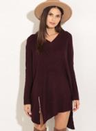 Oasap Loose Fit Wine Color V Neck Long Sleeve High-low Sweater