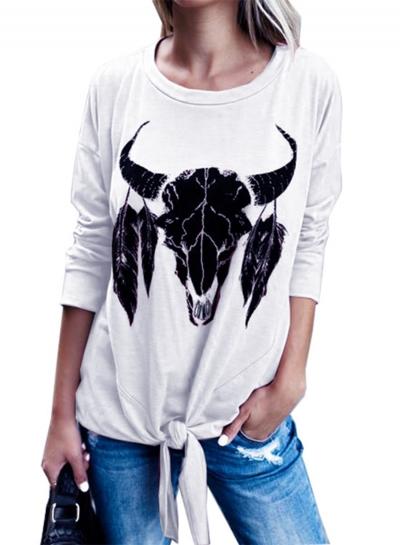 Oasap Round Neck Long Sleeve Oxhead Print Pullover Tee Shirt