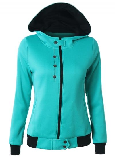 Oasap Long Sleeve Solid Color Zipper Fly Hoodie