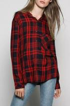 Oasap Classic Red Plaid Button Down Stand Collar Shirt