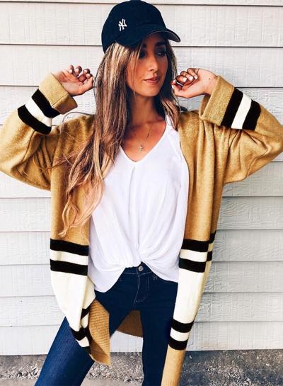 Oasap Striped Pattern Long Sleeve Open Front Cardigan Sweater