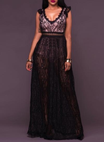 Oasap Hot V Neck Sleeveless Sheer Lace Maxi Dress