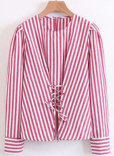Oasap Fashion Long Sleeve Stripe Lace-up Pullover Blouse