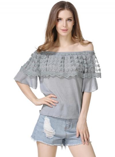 Oasap Off Shoulder Lace Crochet Short Sleeve Blouse