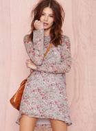 Oasap Women's Multicolor Floral Print Frill Long Sleeve Dress