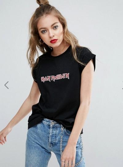 Oasap Black Pattern Printing Slim Tee Shirt