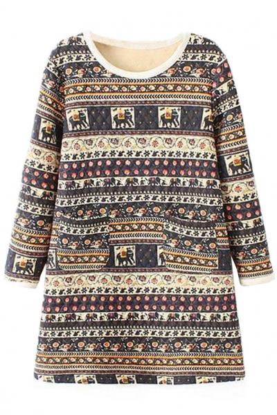 Oasap Vintage Tribal Print Brown Quilting Long Sweatshirt