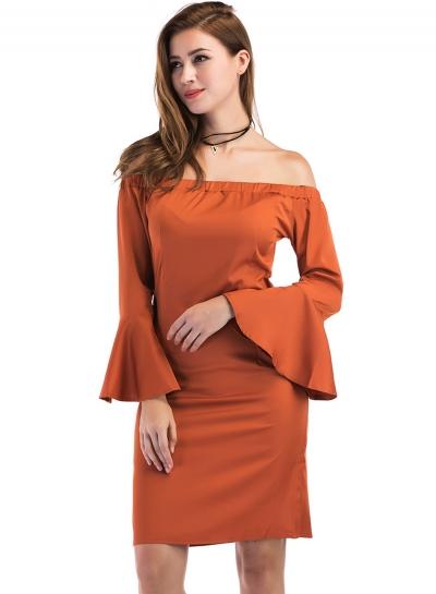 Oasap Off Shoulder Solid Flare Sleeve Dresses