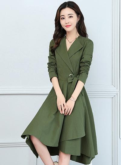 Oasap Turn Down Collar Long Sleeve Asymmetric Design Dress With Belt