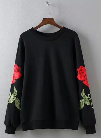 Oasap Round Neck Long Sleeve Floral Embroidery Sweatshirts