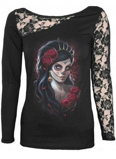 Oasap Fashion Halloween Floral Skull Beauty Tee