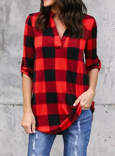 Oasap V Neck Long Sleeve Plaid Loose Blouse
