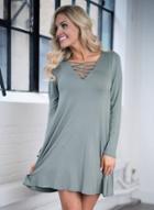 Oasap V Neck Lace Up Long Sleeve Solid Color Mini Dress