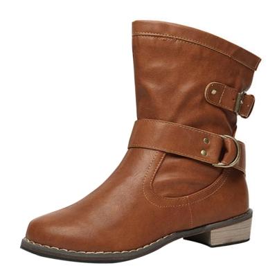 Oasap Solid Color Buckle Strap Low Heels Round Toe Boots